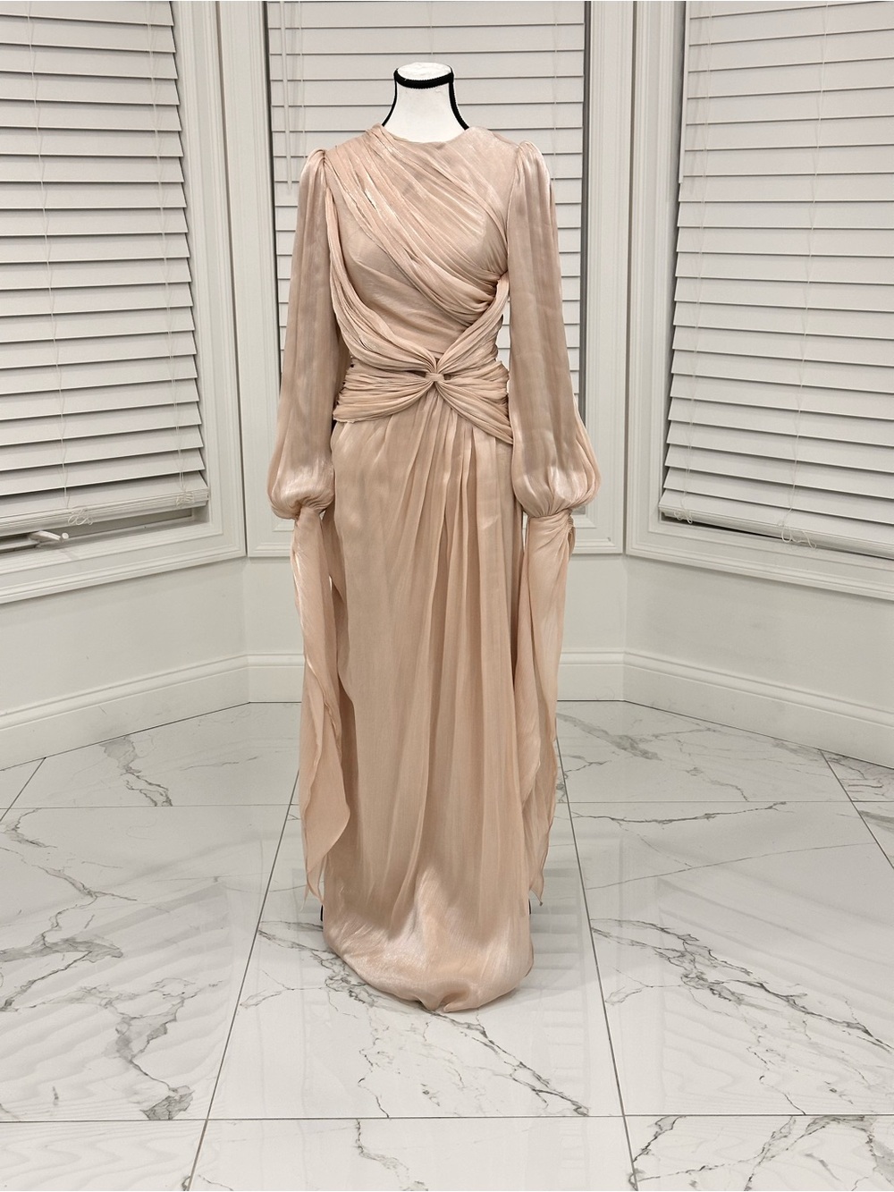 Elegant Blush Long-Sleeve Evening Gown
